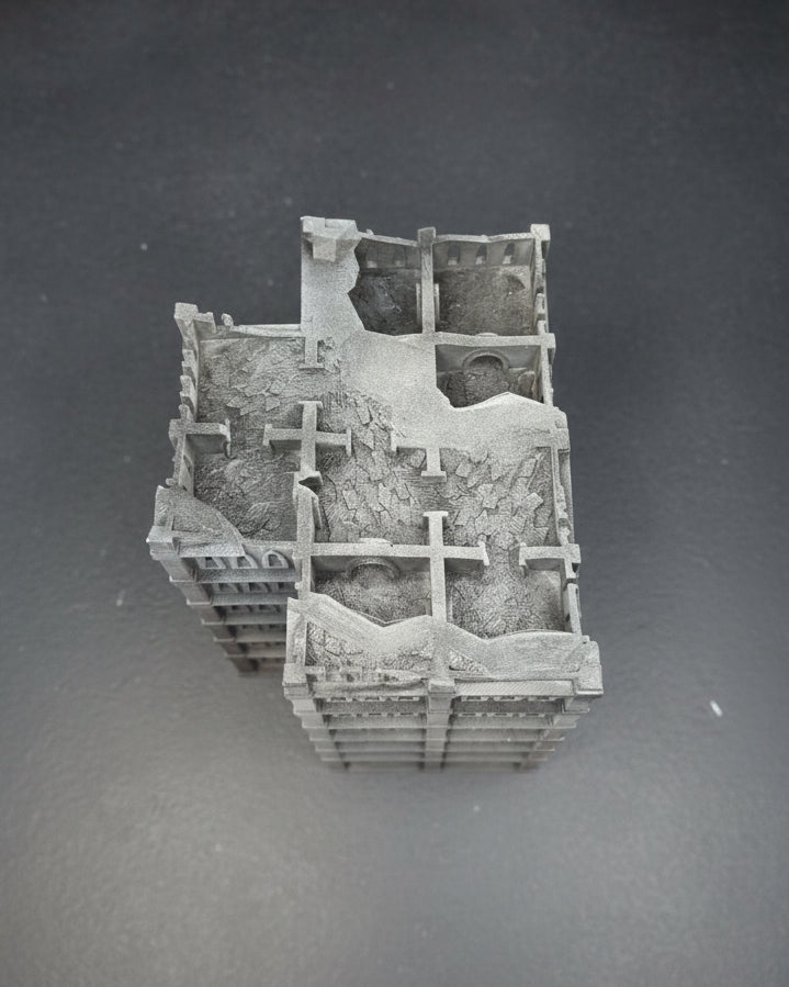 Interior structure of ruined gothic apartment building terrain for tabletop wargaming