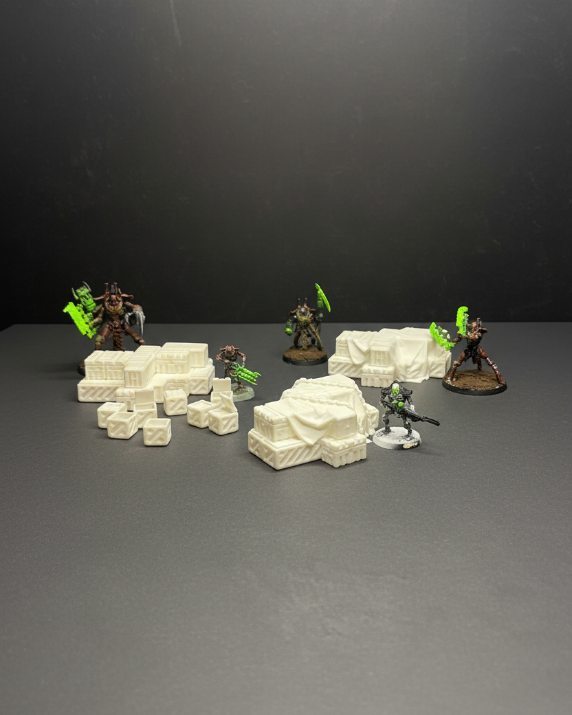 Unpainted sci-fi industrial cargo crates scatter terrain displayed on a dark studio background with miniatures for scale.