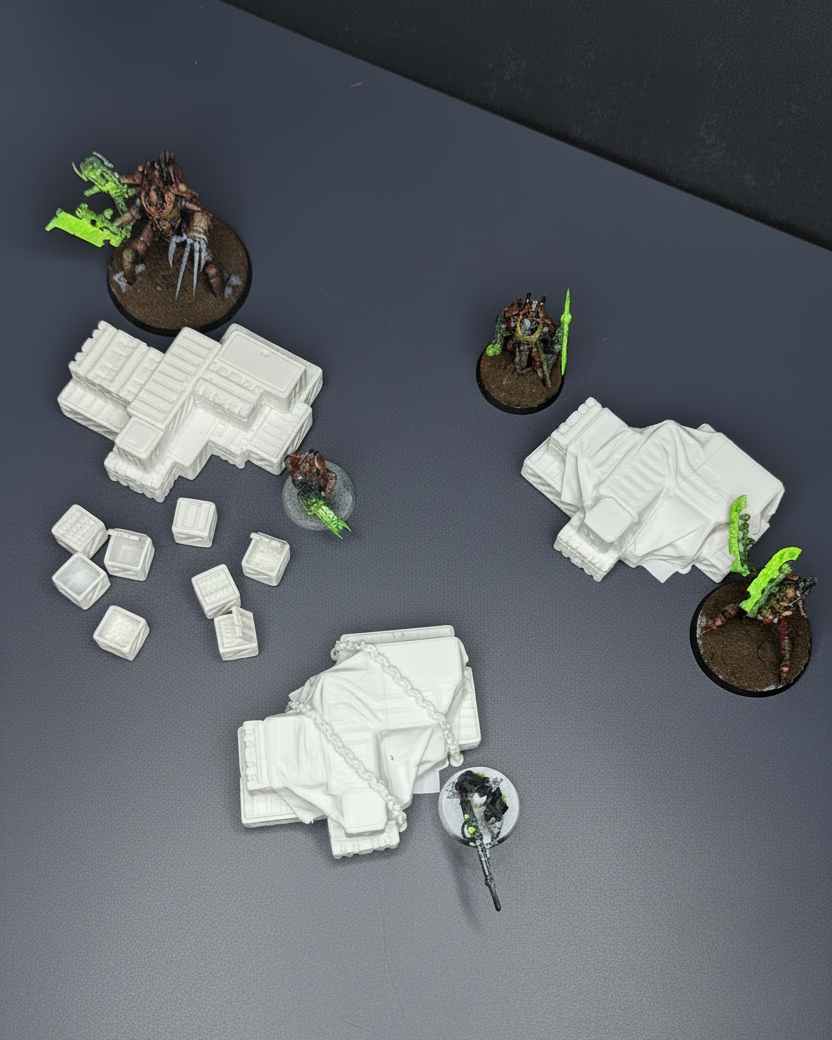 Top-down view of unpainted sci-fi cargo crate scatter terrain set arranged with tabletop miniatures for scale.