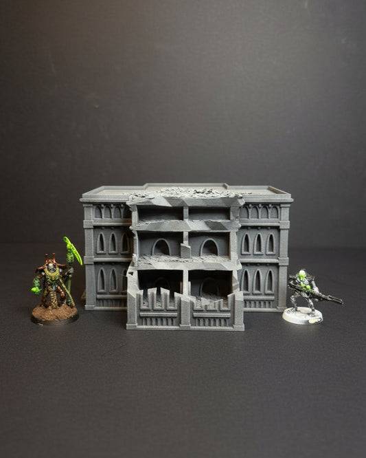 Sci-fi ruined gothic building terrain with miniatures for tabletop wargaming battlefields