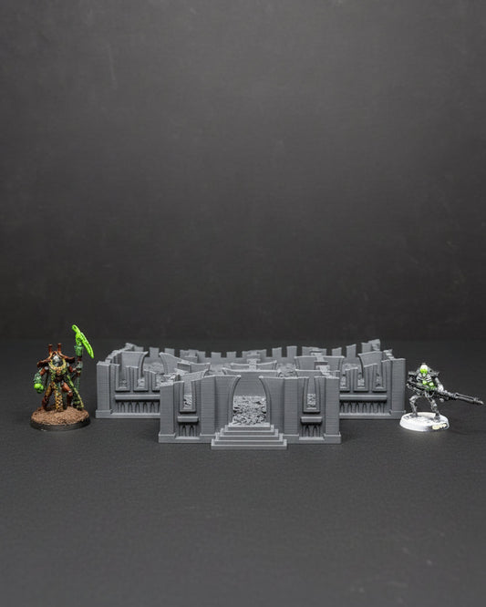 Sci-fi ruined gothic building terrain with miniatures for tabletop wargaming