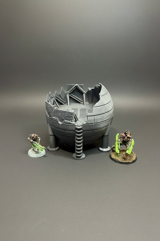Sci-fi ruined guard tower industrial terrain for tabletop wargaming with miniatures for scale