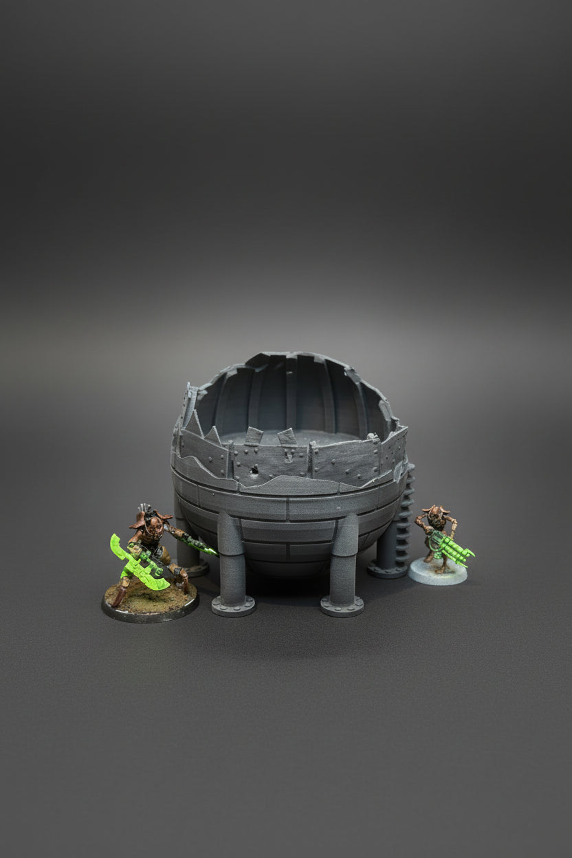 Ruined sci-fi industrial guard tower terrain piece for tabletop wargaming