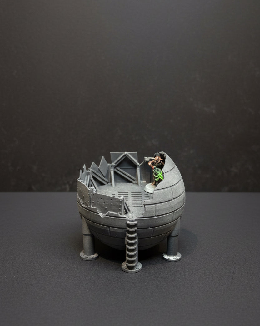 Interior platform detail of ruined sci-fi guard tower terrain for tabletop wargaming