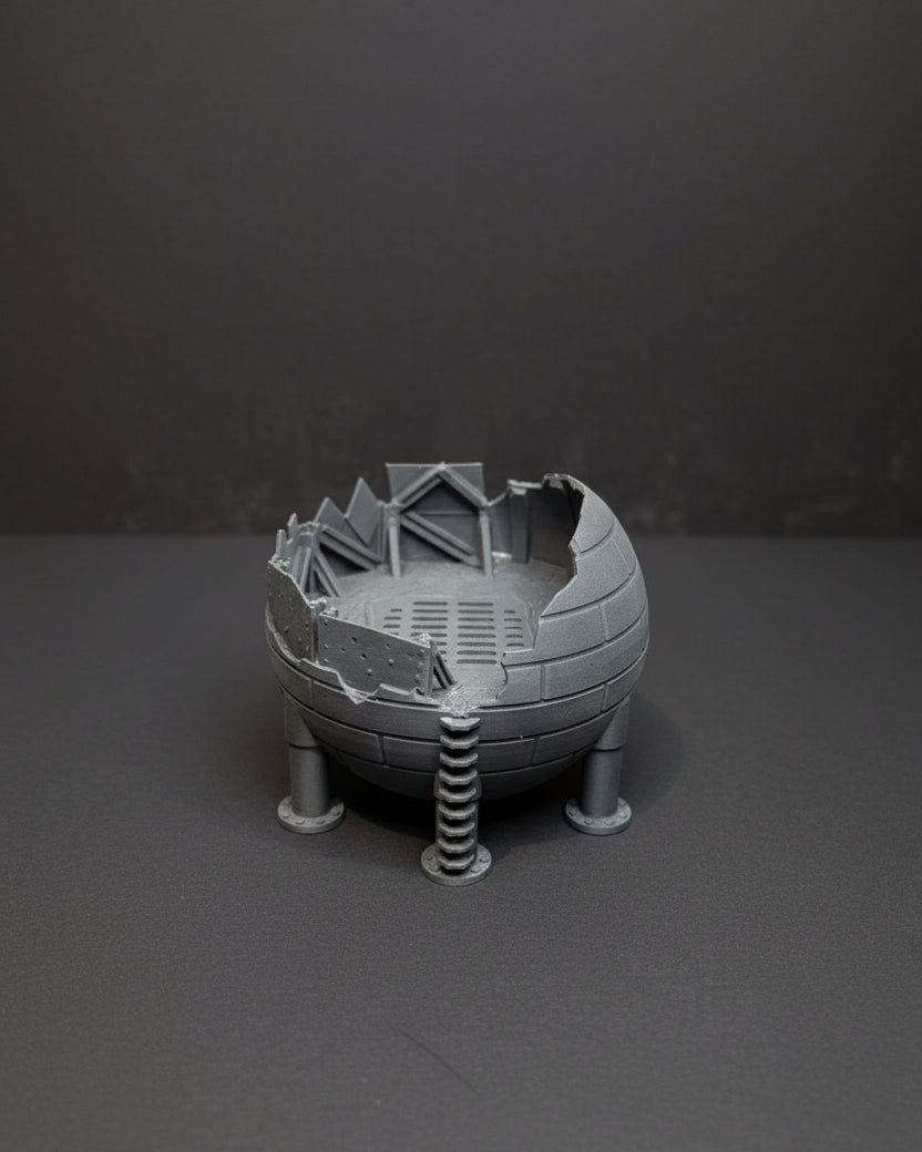 Back view of ruined sci-fi industrial guard tower terrain for tabletop wargaming